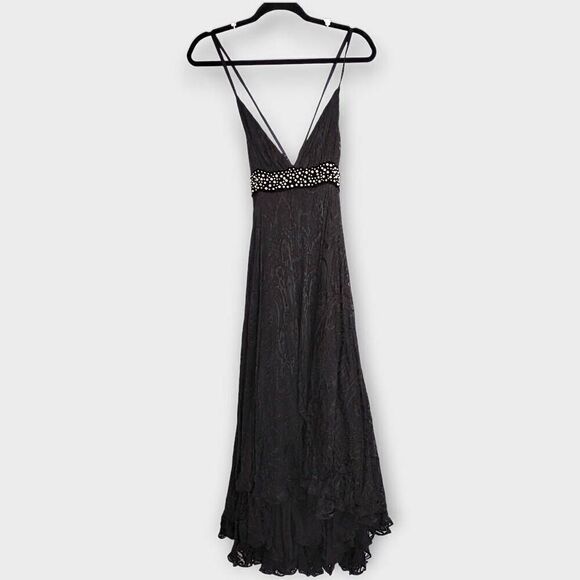 Bebe Black Silk gown Sz Medium Swiftie Burnt Velvet Print Maxi Dress Vtg Glamcor - Picture 1 of 15